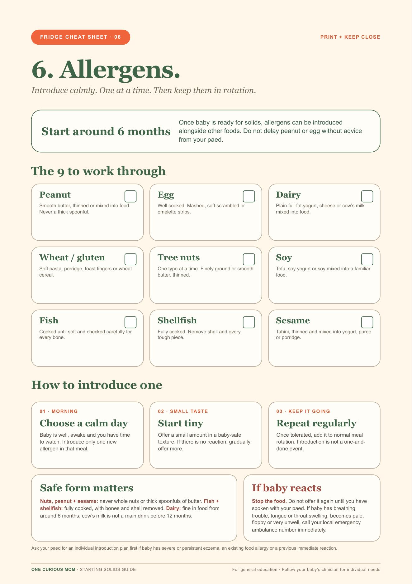 Allergen introduction fridge cheat sheet